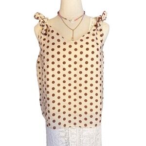 Sage & Citrus Brown Polka Dot Tie Shoulder V-Neck Tank Top Womens Medium